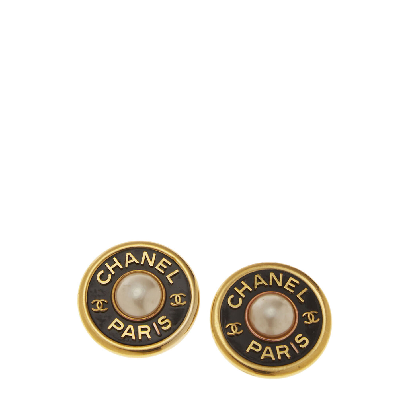 chanel black & gold faux pearl round earrings large